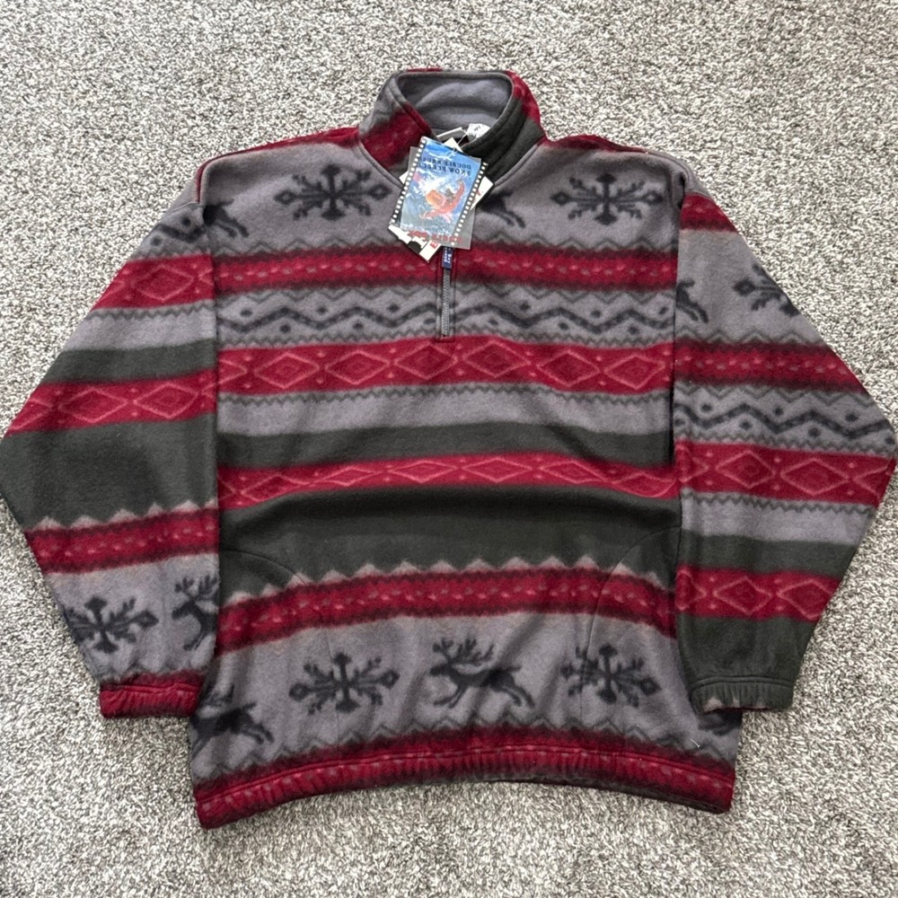 Vintage Bugle Boy Snow Fleece Mens XL Fair Isle Reindeer 1/4 Zip Pullover NWT